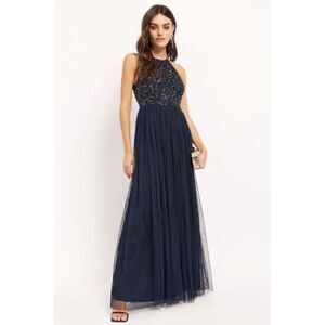 MAYA DELUXE Navy Blue Sequin Sleeveless Tulle Formal Prom Maxi Dress 10 Petite